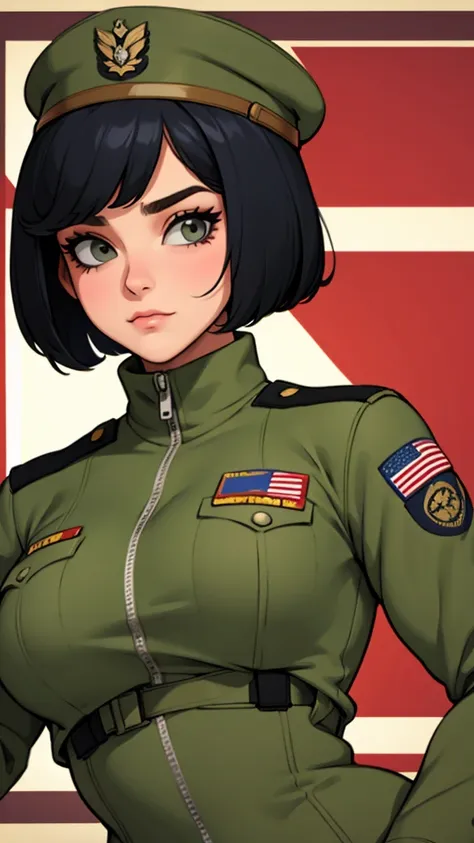 military woman, curvy, athletic body, bob haircut, military hat, military greeting