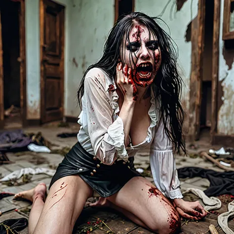 Undead sinner on her knees, forced oral sex, (oral rape:1.3), Sexual violence, hand on her head, holds her by the hair, (traces of beatings on her body:1.2), torn clothes, Sexual slavery, hellish torment