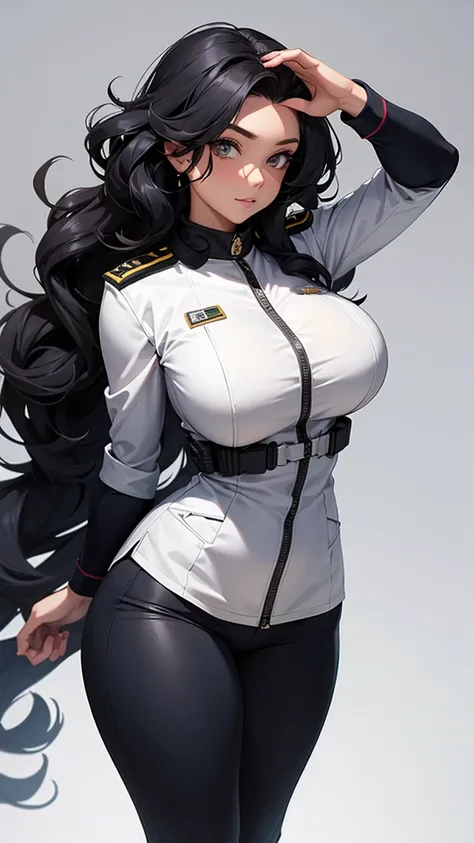 military woman, navy uniform, curvy, athletic body, black long curly hair, captain&#39;s hat