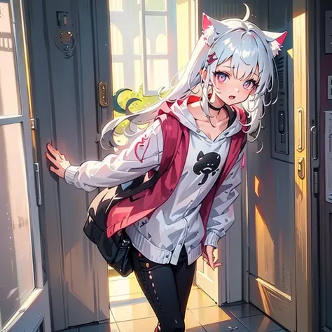 a solo cat boy, his hair is white and his eyes are red, wearing jacket, bust up!!! cute boy, casual boy, sunset sky , , sad vibe...