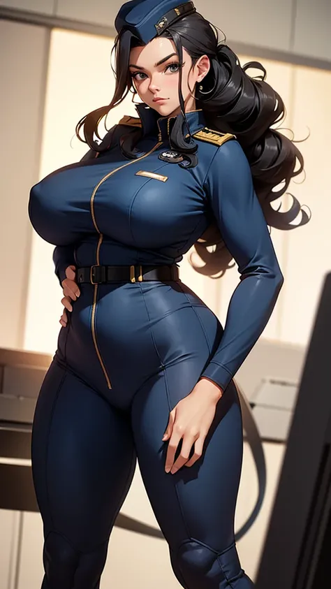 Military woman, navy uniform, curvy, athletic body, black long curly hair, Captain&#39;s hat