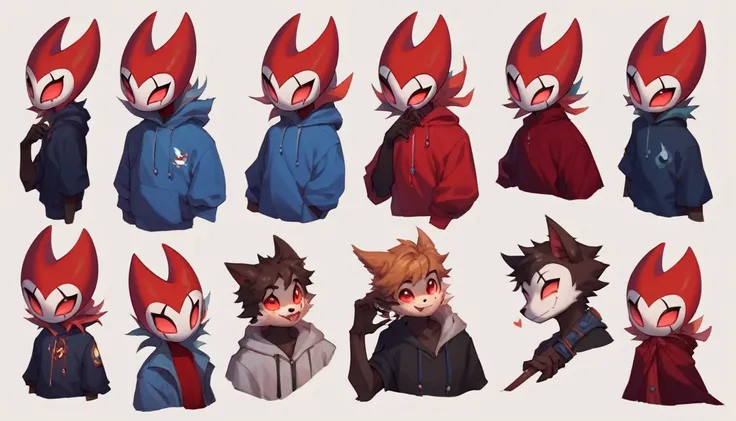 score_9, score_8_up, score_7_up, score_6_up, zPDXL2, grimm (hollow knight), vampire, bat, 1boy, solo, cute face, detailed eyes, portrait, anthro, red sport pants, cinematic angle, blue large hoodie, background, (dynamic poses)