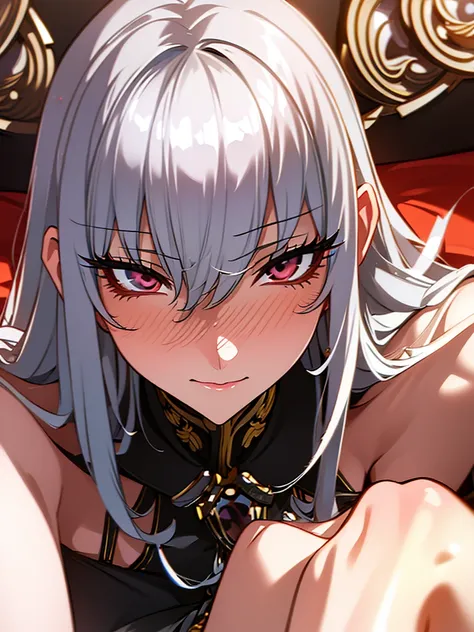 1 woman Sitting, crossed legs, smile, looking at the viewer, blushing, detailed face, (masterpiece),detailed eyes, highly detailed eyes ,  silver hair, red eyes,
masterpeace, best quality, (extremely detailed CG:1.3), highly detailed faces