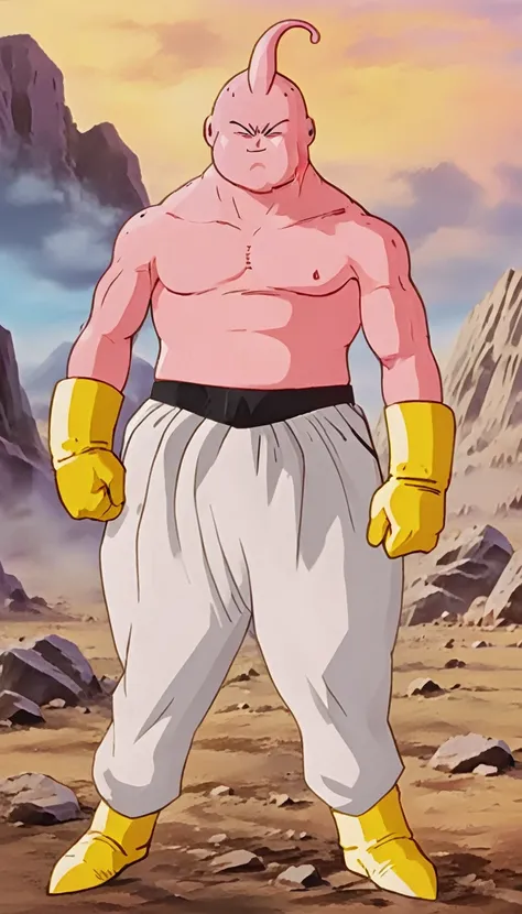 solo, majin buu,short, (musclar:2),(angry:2),fighting,in wasteland,destroyed rock,(soft shading), 4k, hi res, ((detailed face, (detailed eyes:1.0), detailed)), (full body), looking at viewer, 1boy, upper body, male focus,white_pants,nude,(topless:1.5),( sh...