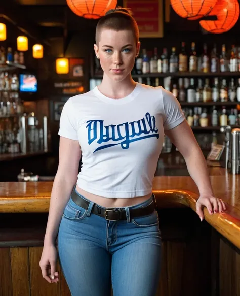 Full body shot of a muscular female college girl with large breasts and a large butt, a dark buzz cut, pale skin, freckles and blue eyes and no makeup wearing tight jeans, a white t shirt and a baseball jersey at a bar 