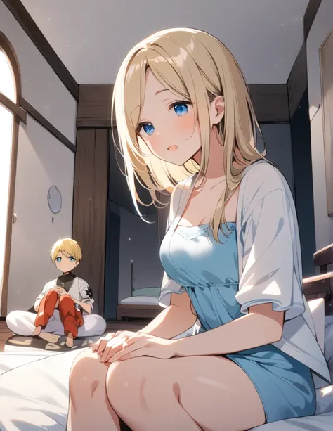 1 man, Black hair and blue eyes, prinz, chill out, guard, holding hands ,1 Women, Blonde hair and blue eyes, The beautiful, DOA, in a house sitting in cushion 