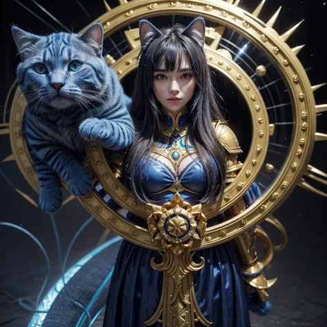 Lineage of bluish Leo feline multidimensional being wearing golden armor 