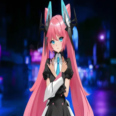 anime girl with pink hair and blue eyes in a black dress