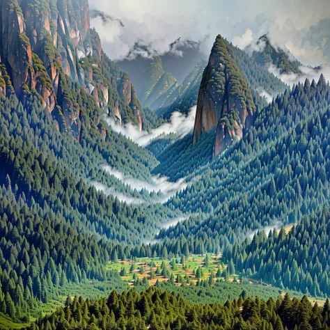 a lush pine forest with a birds eye view, misty atmosphere, photorealistic 4k quality, intricate details, serene landscape, vibrant colors, natural lighting, tranquil setting, dramatic shadows, atmospheric fog, towering trees, dense foliage, winding trails