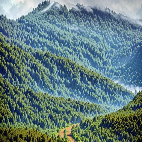 a lush pine forest with a birds eye view, misty atmosphere, photorealistic 4k quality, intricate details, serene landscape, vibrant colors, natural lighting, tranquil setting, dramatic shadows, atmospheric fog, towering trees, dense foliage, winding trails