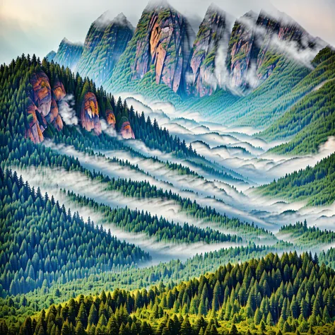 a lush pine forest with a birds eye view, misty atmosphere, photorealistic 4k quality, intricate details, serene landscape, vibrant colors, natural lighting, tranquil setting, dramatic shadows, atmospheric fog, towering trees, dense foliage, winding trails