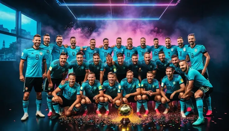 German football team wins euro cup 2024 photo session in dark colorful neon light studio, glass room, euro 2024 trophy, confetty explossion, cinematic lighting, smoke, football photorealistic, sport photography, wide view, dynamic angle, ultra highly detai...