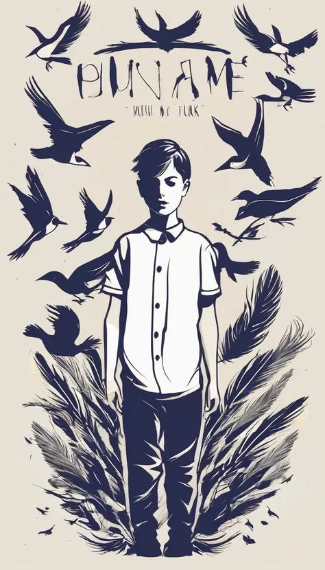 Create a simple, modern logo design of a boy lost in a head full of feathers and birds.