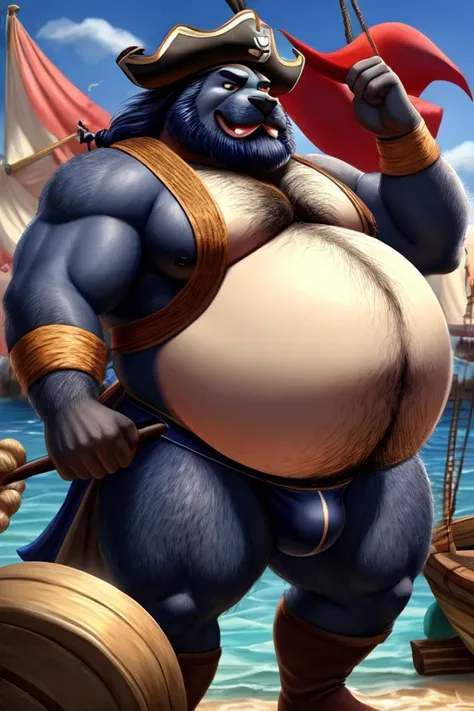 Male, navy Blue seal, hairy body and belly, beard, with a enormous swelling belly, chubby body, bulge,(best quality, masterpiece:1.2), ultra-detailed, 2D, focus soft colors,motion lines, pirate outfit, (big belly art)