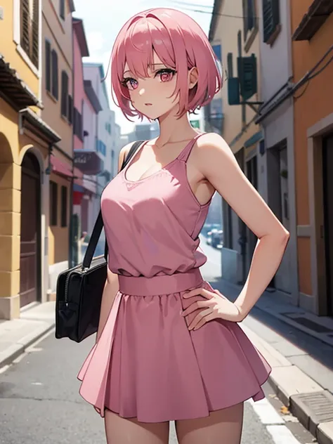 a woman, pink hair ,pink eyes, bright Eyes, in shortskirt, low cut top, skinny, sexy, short hair, Italy