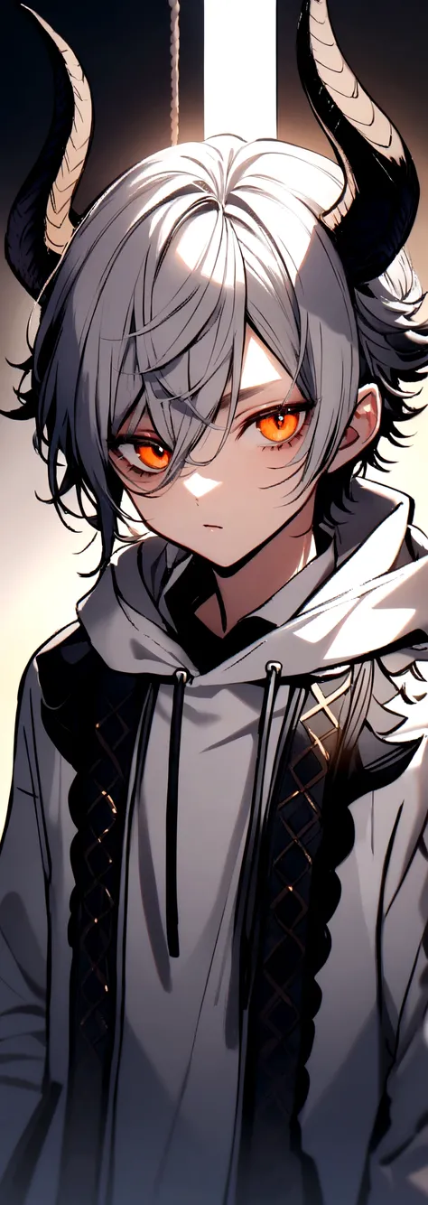 Boy, white, with gray hair, wearing a white hoodie, and black demon horns