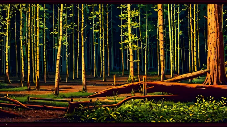 forest with a tree stump on the ground at night
