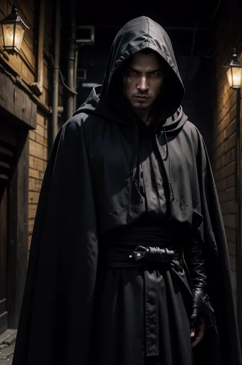 arafed hooded man in a black robe standing in a dark alley, wearing dark robe, hooded cloaked sith lord, wearing dark robes, wearing a black robe, wearing black robe, mystic ninja, wearing black sith robes, samurai jedi, dark flowing robe, cyberpunk samura...