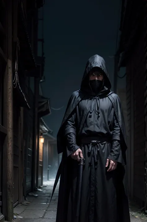 arafed hooded man in a black robe standing in a dark alley, wearing dark robe, hooded cloaked sith lord, wearing dark robes, wearing a black robe, wearing black robe, mystic ninja, wearing black sith robes, samurai jedi, dark flowing robe, cyberpunk samura...