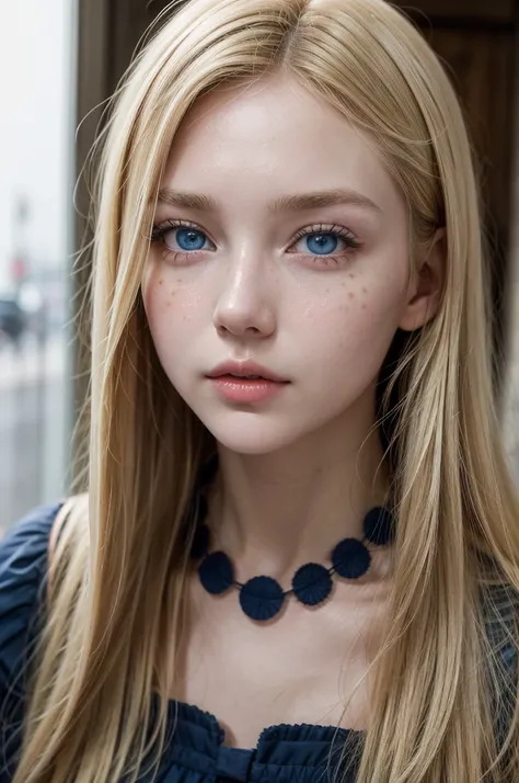 Garota blonde de 20 anos, blonde, adult, french, paris, greenish blue eyes, clear eyes,  red cheeks, spots on the face, eyes large, red cheeks, red face, thick lips. navy blue dress, looking forward.