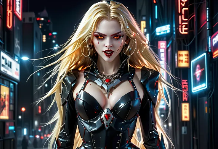 ((a photorealistic glamour shot of an exquisite, glamour mecha female vampire: 1.5)), ((full body: 1.3)), ultra feminine, pale face, golden hair, long vibrant shiny hair, glamorous hair,  red eyes, miniatures mechanical , deep penetrating eyes, red lips, l...