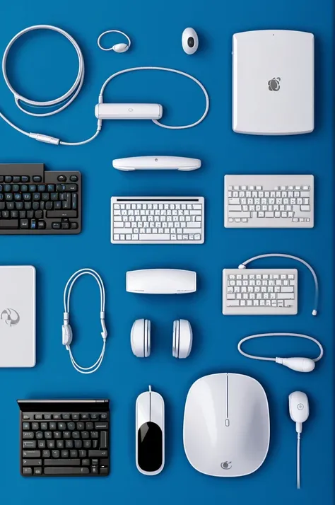 Telephony, mouse gamer, earphones, keyboards, tablets on a blue background