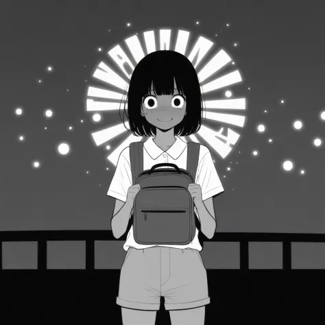 masterpiece, best quality, 1girl, mamerakkkkko, grayscale, manga style, japanese, chi no wadachi, black eyes, street, iced, black hair, schoolbag, smile, lineart, white background, white shirt, grey shorts, centered, 18 years old, tall, fair skinned, bokeh...