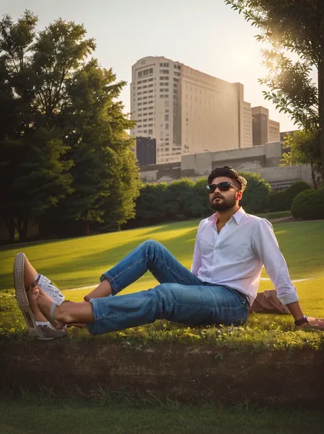 there is a man sitting on the grass with his feet up, sitting on the ground, with a cool pose, casual photography, cool pose, full body photogenic shot, candid picture, very cool pose, relaxed pose, very artistic pose, casual pose, doing a hot majestic pos...