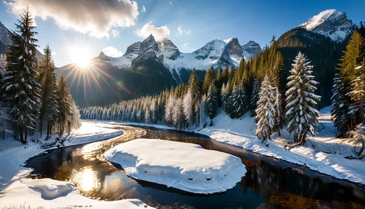 a national geographic nature shot of a snowy mountain, the sun rises, the transition between night and day, the snow forest moun...