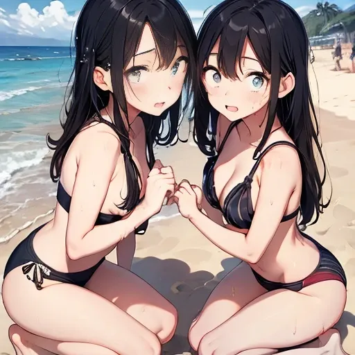 A 42-year-old mother and her 12-year-old daughters、Completely naked、crowd、Crouching with legs spread、Watery eye、Highest quality、beach、Cute illustration、Mr.々Hairstyle