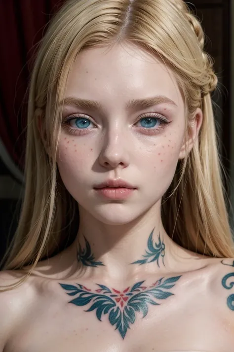 Garota blonde de 20 anos, blonde, adult, french, paris, greenish blue eyes, clear eyes,  red cheeks, spots on the face, eyes large, red cheeks, red face. redgown, tatoo de dragão com borboleta nas costas, tatoo, France 