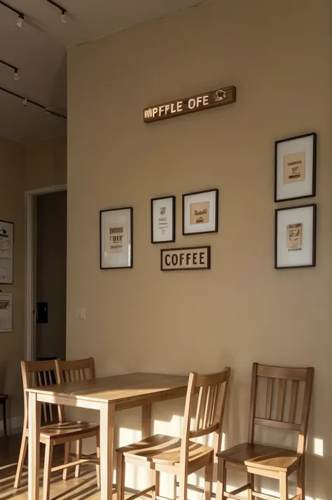 home coffee shop, with beige walls and light wooden chairs. It has writing on the wall "Mapple Coffee"