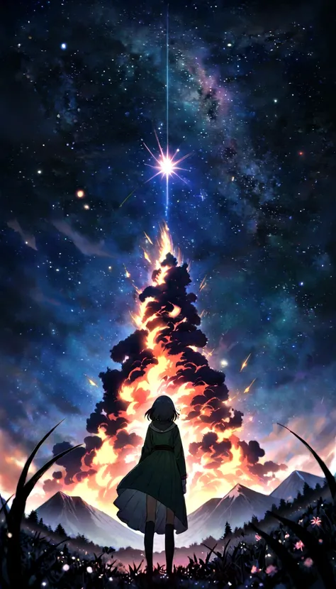 makoto shinkai, Vast landscape photography , (View from below，Shows the sky above and the open space below), A girl standing in a flower field looking up,  ( meteor:0.9), (Star Cloud:1.3), Fir Mountain, Treebreak Production Art, (Stars Daytime Sky:1.2), (f...