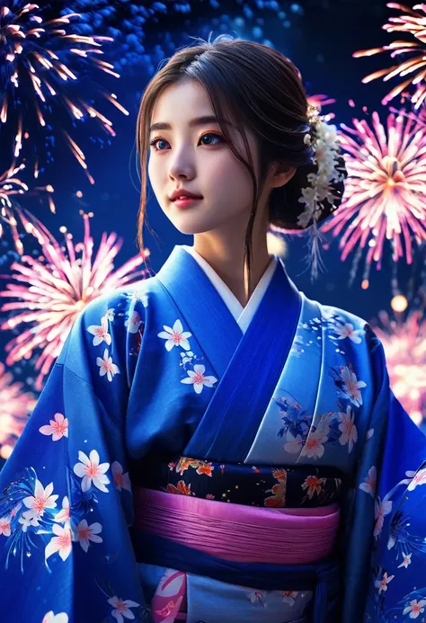 ((masterpiece, top quality, super definition, high definition)), solo, beautiful girl, shining eyes, perfect eyes, 16 years old, blue theme, yukata, fireworks, detailed face, long hair, detailed clothing, detailed background, vibrant colors, dramatic light...