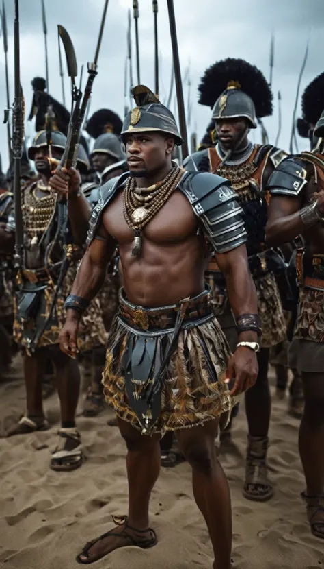 african empire and his troops, armed and ready for battle, biggest army of traditionnal soldiers standing defiantly on the shore...