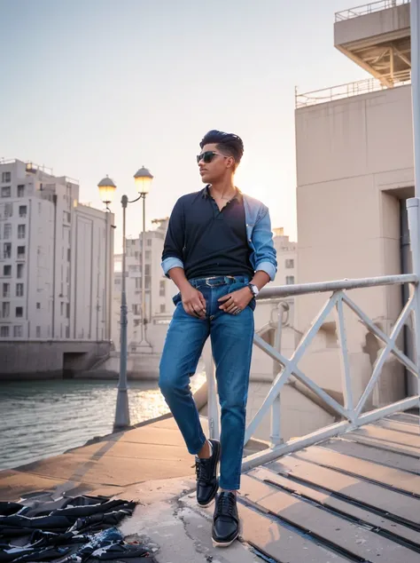 there is a man standing on a bridge with his hands in his pockets, casual photography, full body photogenic shot, with a cool pose, shot on nikon z9, shot on canon eos r5, shot on canon eos r 5, cinematic outfit photo, stylish pose, candid picture, mohamed...