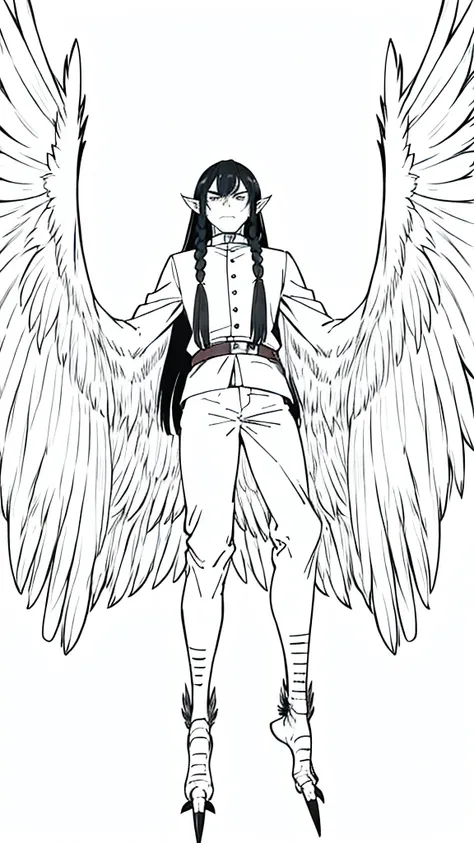 1man,40s,mature male,angry,wild outfit,long hair,black hair,pointy ears,harpy,wings,no arms,(white background,line drawing),from below,wild