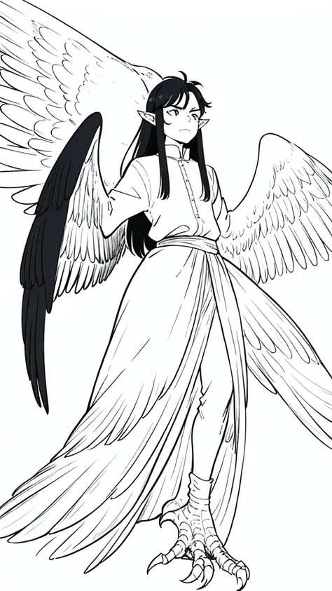 1man,40s,mature male,angry,wild outfit,long hair,black hair,pointy ears,harpy,wings,no arms,(white background,line drawing),from below,wild