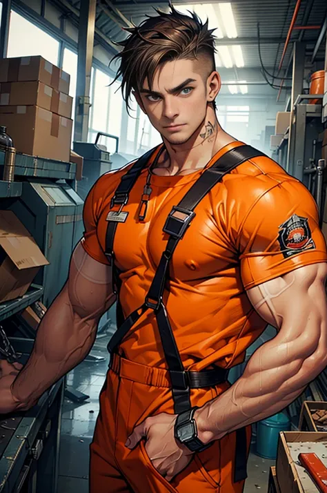 (masterpiece), best quality, expressive eyes, perfect face, 1 boy, 24 years old, Muscle Man, Bodybuilder,Have a tattoo, Open orange industrial jumpsuit， Wearing a soaked white T-shirt, Factory equipment, complete scene，factory scene，There are many objects ...