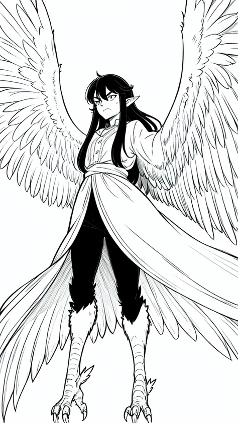 1man,40s,mature male,angry,wild outfit,long hair,black hair,pointy ears,harpy,wings,no arms,(white background,line drawing),from below,wild,scare