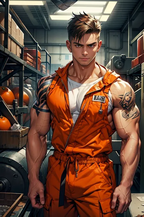 (masterpiece), best quality, expressive eyes, perfect face, 1 boy, 24 years old, Muscle Man, Bodybuilder,Have a tattoo, Open orange industrial jumpsuit， Wearing a soaked white T-shirt, Factory equipment, complete scene，factory scene，There are many objects ...