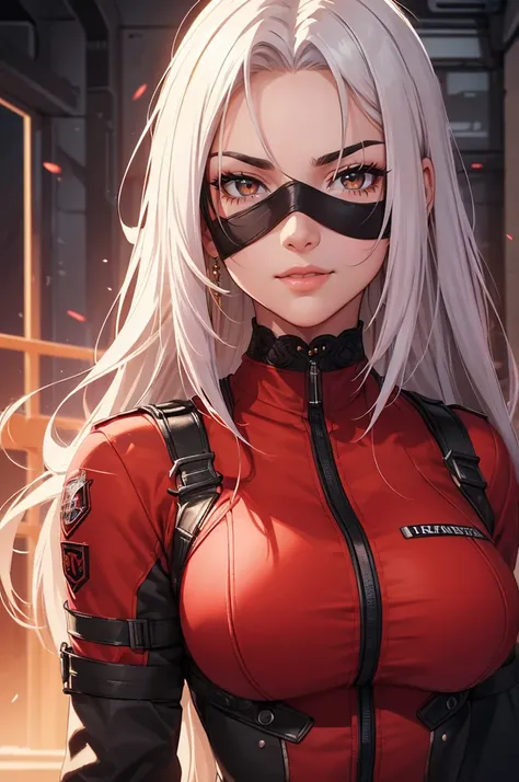 (1 beautiful woman)、(Very huge muscles)、(Unusually large muscles)、(Red cyberpunk military uniform all over the body:1.3)、(Red aura emanating from clothes:1.5)、(Military equipment:1.2)、(White hair)、(an eye patch:1.3)、(30-years old)、(confident grin:1.2)、(Dar...