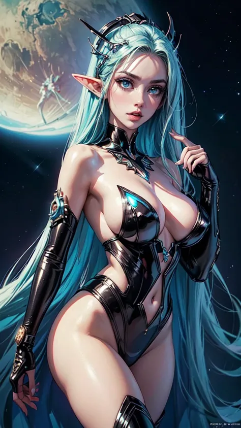 (best quality,ultra-detailed,realistic:1.37),alien woman,vibrant colors,sensual expression,seductive gaze,extraterrestrial beauty,extravagant makeup,unique fashion style,mystical aura,futuristic background,concept artists,soft lighting,cosmic atmosphere,sh...