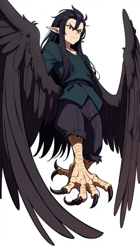 1man,40s,mature male,angry,wild outfit,long hair,black hair,pointy ears,harpy,wings,no arms,(white background,line drawing),from below,wild,scare,looking at view,torn clothes,leaning forward