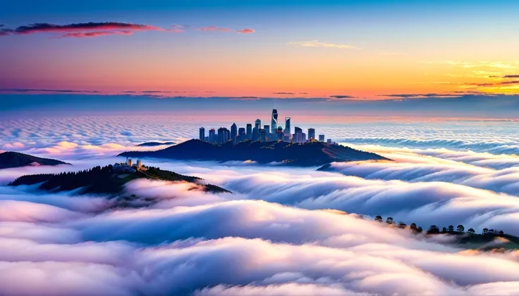 sea of clouds landscape.enjoy this breathtaking sunrise scene。the lights in the city occasionally emerge from the gaps between t...