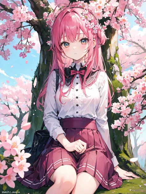 Kawaii girl sitting, in a place of sakura flowers 