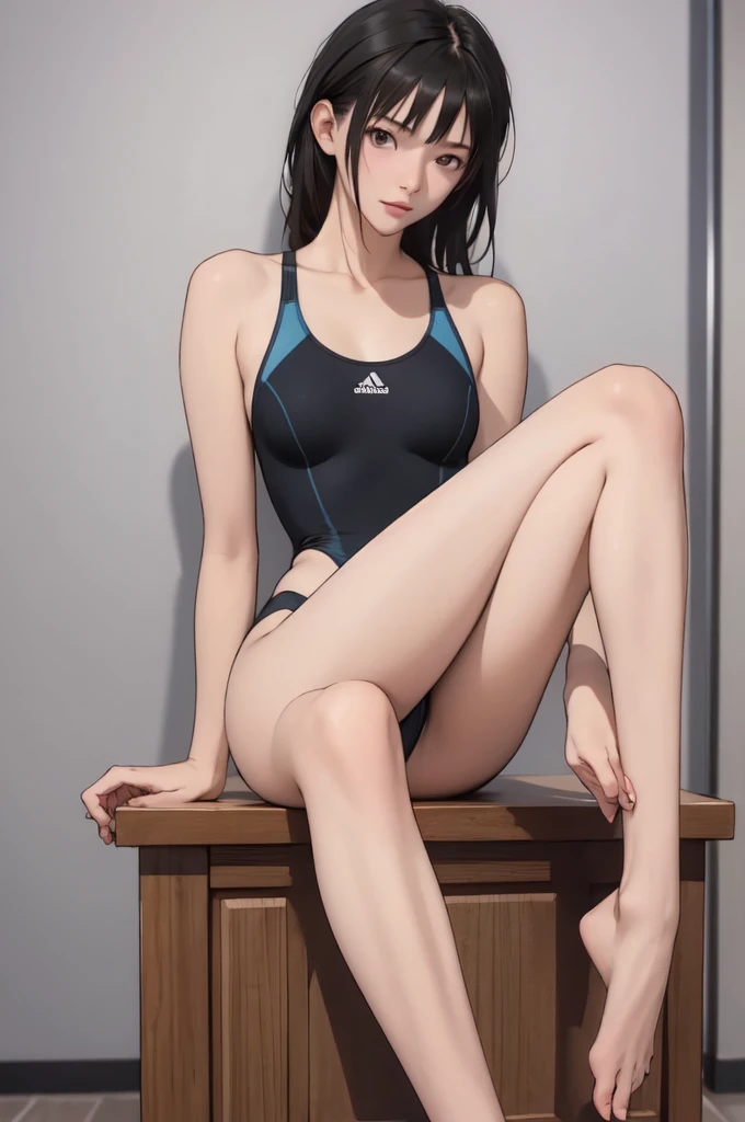 ((masterpiece, best quality)),((highres:1.2)), 1 Girl, solo, Blurred Background, (((Small breasts))), Thighs, (One piece swimsuit), pool,((leg Spread)) , groin