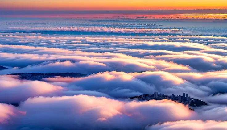 Sunrise view.sea of clouds landscape.Enjoy this breathtaking sunrise scene。The lights in the city occasionally emerge from the gaps between the sea of clouds，looming cityscape，It gives the whole city a hazy beauty。