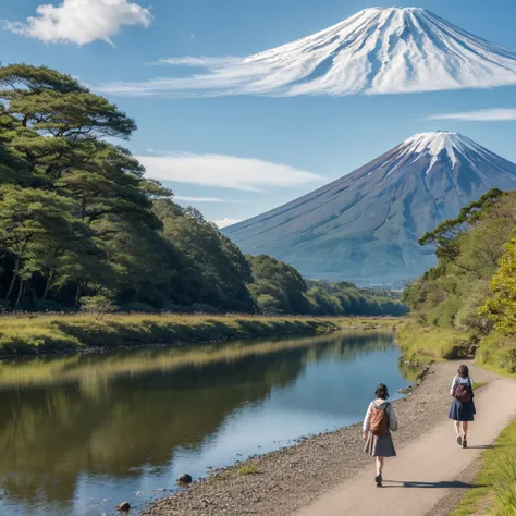 A girl walking along a Riverbank,mount fuji in the distant background 