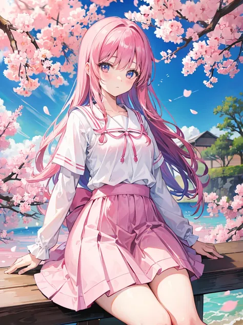 Kawaii girl sitting, in a place of sakura flowers 